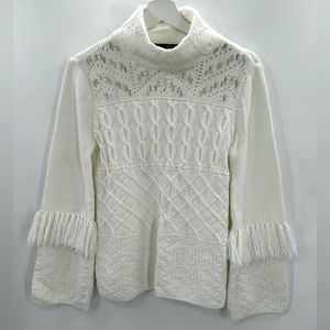 NWT White House Black Market Knit Sweater Mock Neck Embellished Fringed Sweater